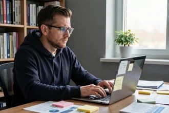 Un homme concentré protégeant sa vie privée en ligne depuis son bureau à domicile avec un filtre de confidentialité sur son écran d'ordinateur portable