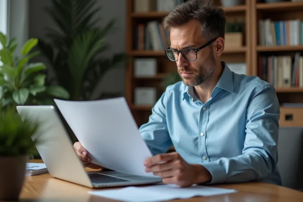 Homme consultant un document imprimé et un ordinateur portable pour retrouver l'adresse officielle de Legacy Scan