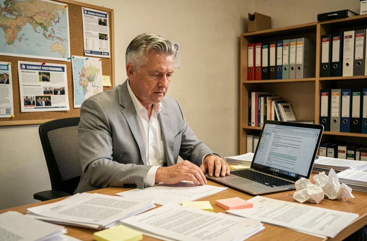 Candidat aux élections municipales rédigeant et corrigeant sa lettre de profession de foi dans un bureau de campagne