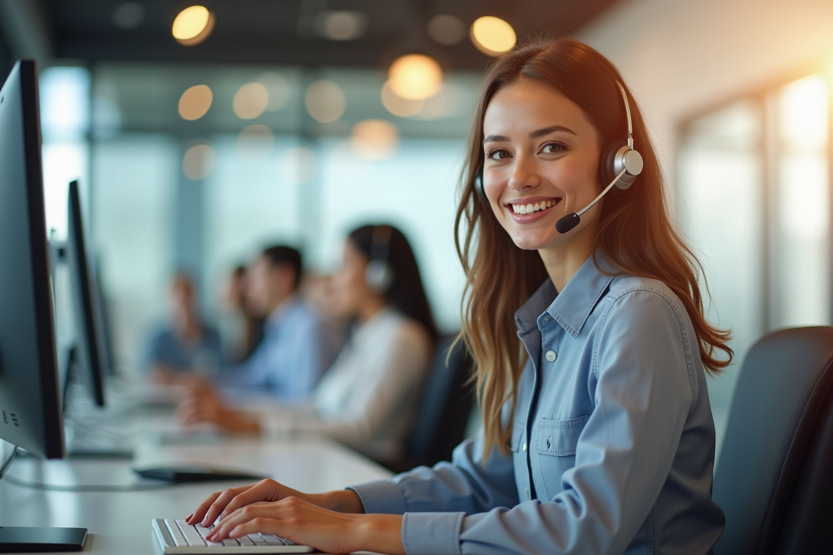 Représentante service client souriante au bureau lumineux