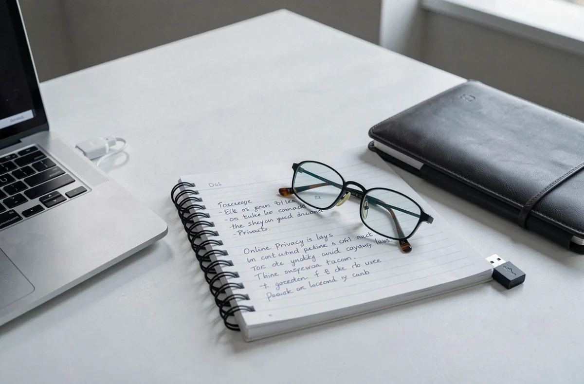 Bureau minimaliste avec notes juridiques manuscrites sur la confidentialité en ligne, clé USB de sécurité et ordinateur portable illustrant les risques légaux numériques