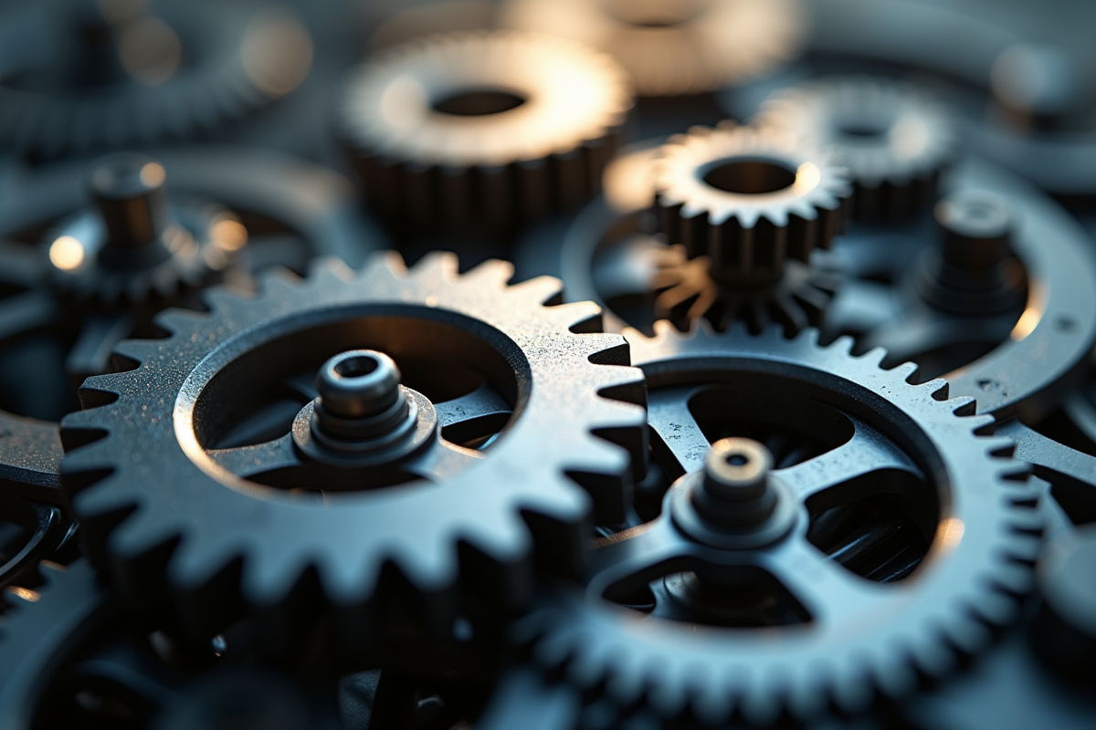Gros plan sur des engrenages en mouvement symbolisant des systemes