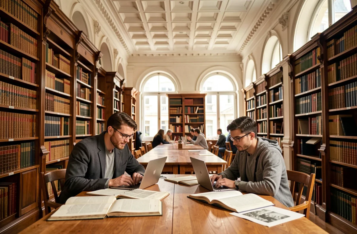 Salle de lecture de l'INHA dans la galerie Colbert à Paris, avec chercheurs consultant des archives historiques sous de hauts plafonds à caissons