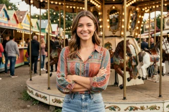 Sandra Baratier, jeune femme foraine souriante devant un carrousel de fête foraine, représentant la fierté de la culture foraine face aux clichés