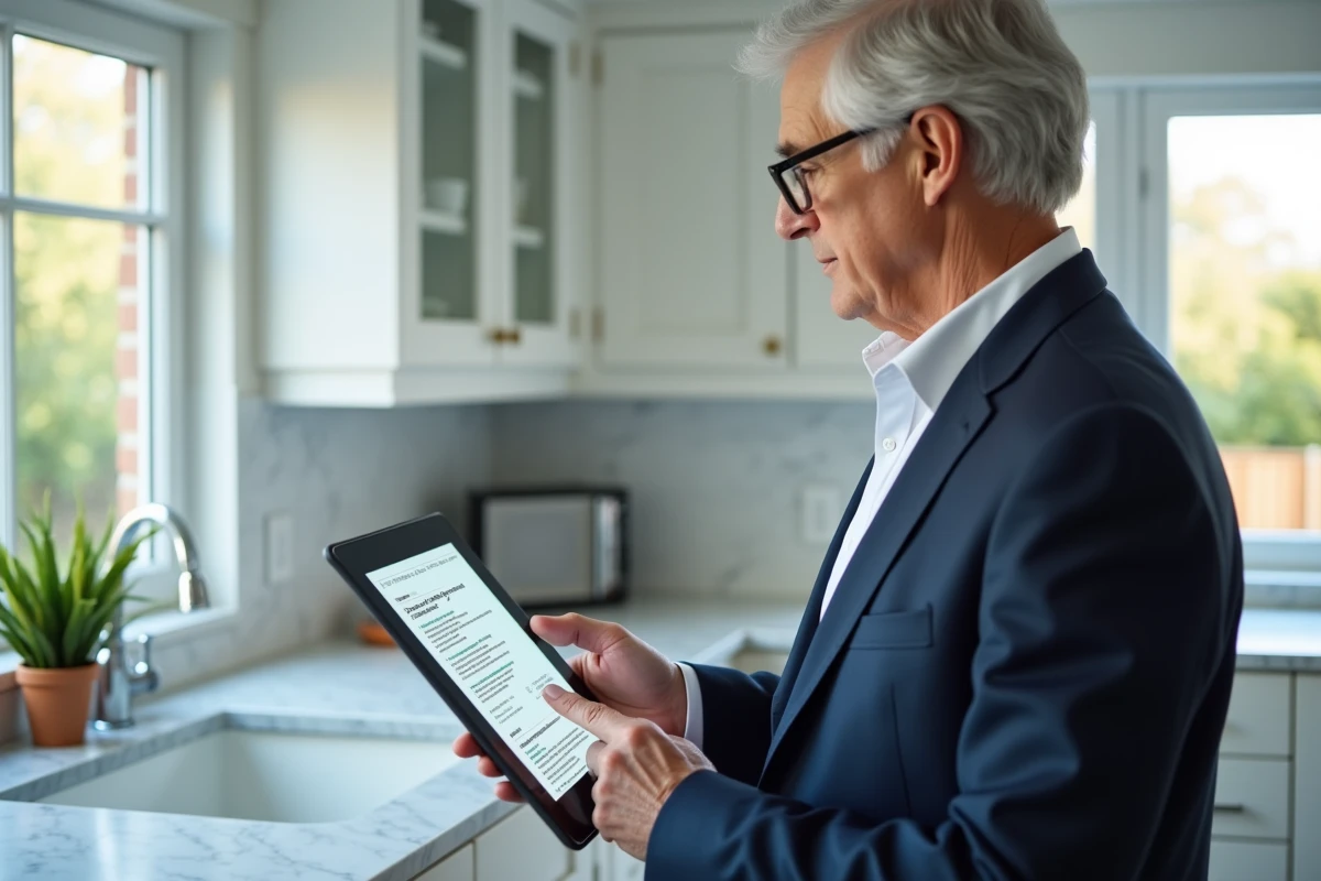 Homme senior consultant une tablette dans une cuisine moderne pour vérifier l'adresse officielle de Legacy Scan