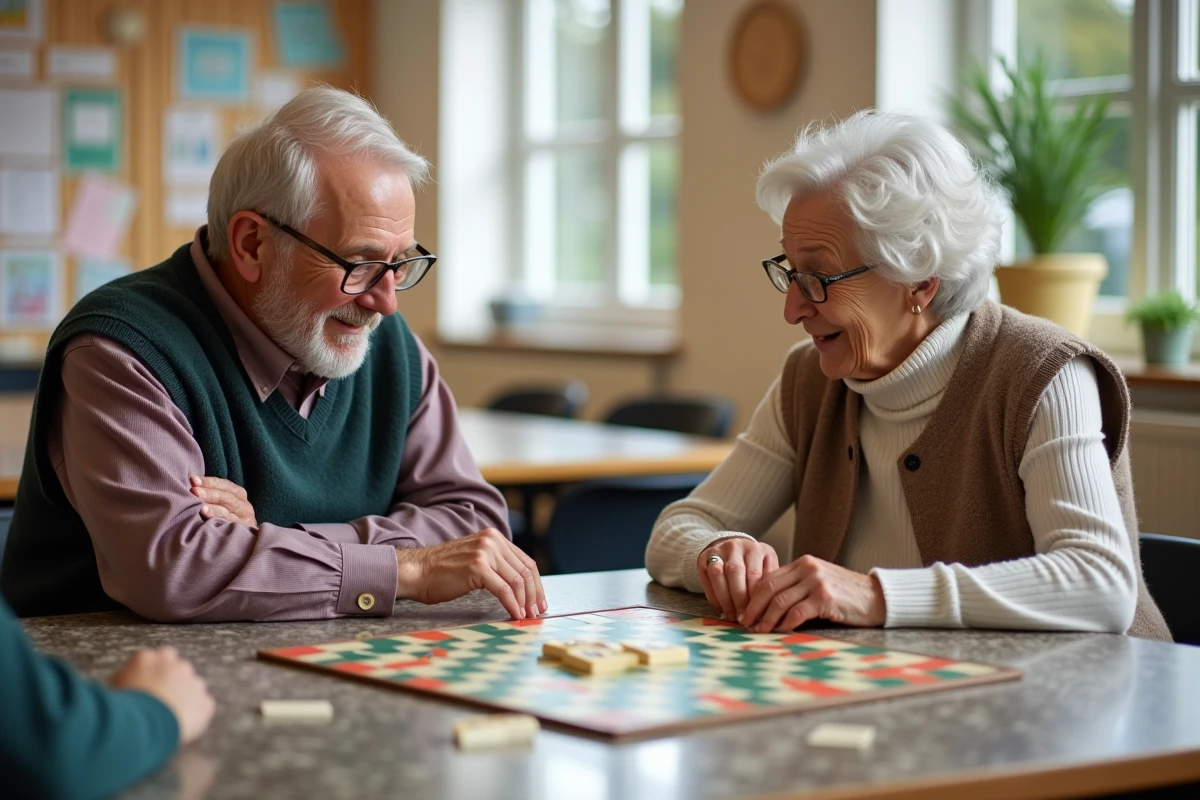 Seniors jouant au Scrabble dans un centre communautaire convivial