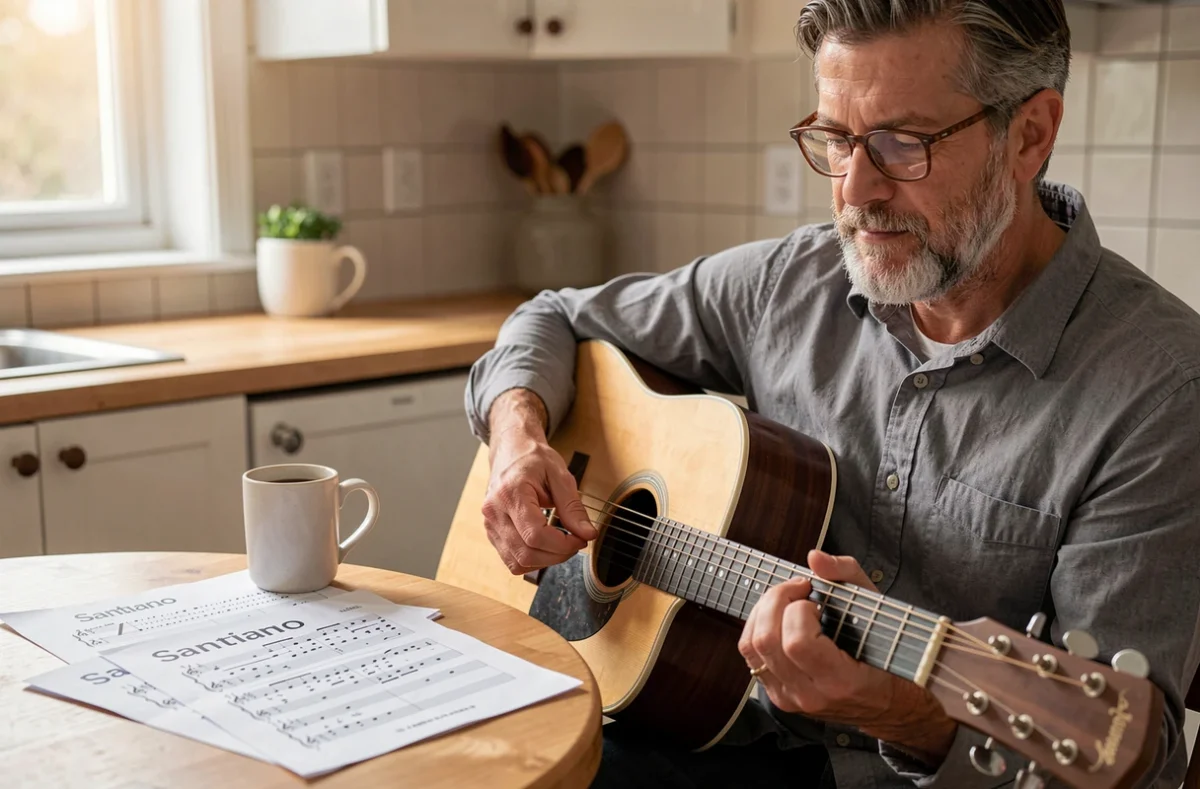 Homme d'âge mûr jouant un accord barré sur une guitare dreadnought avec une partition de tablature Santiano posée sur la table de cuisine