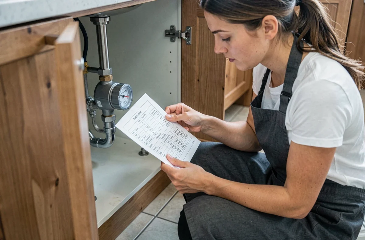 Femme consultant un tableau de conversion litres et mètres cubes devant un compteur sous l'évier