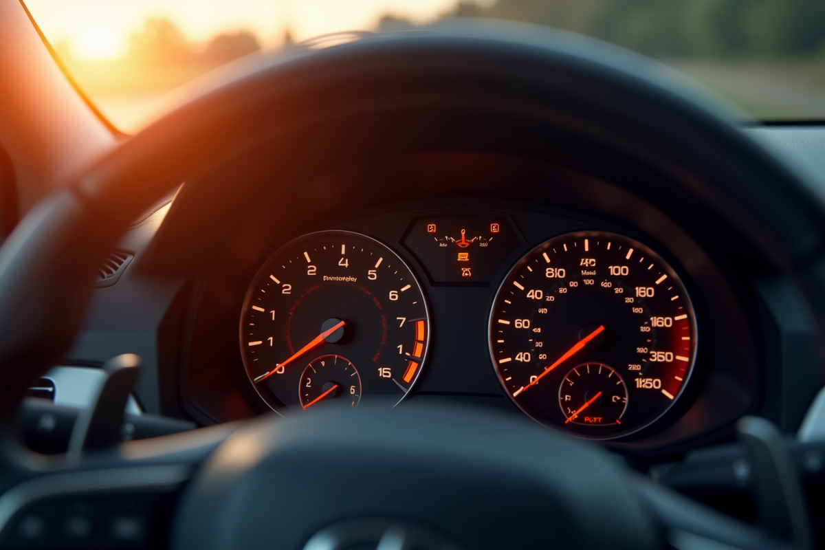Tableau de bord de voiture avec vitesse et tachymètre en focus
