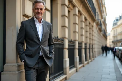 Homme grand et élégant en costume gris debout sur un boulevard parisien, illustrant la taille impressionnante d'une célébrité française