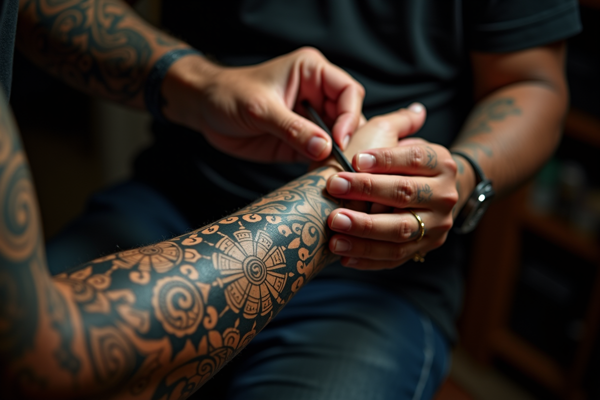Gros plan sur un bras Maori tatoué avec outils traditionnels