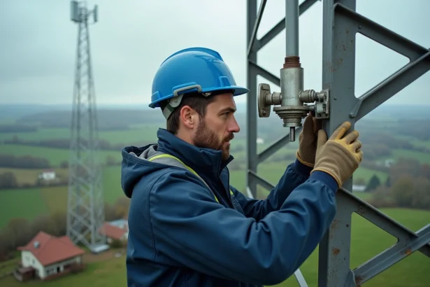 Technicien ajustant une antenne de diffusion TNT sur une tour de transmission en hauteur dans un paysage rural