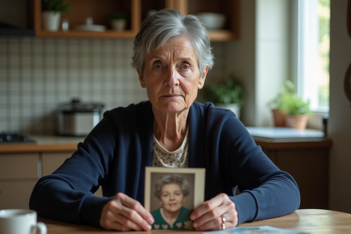 Femme âgée tenant une vieille photographie dans une cuisine française, expression grave et mélancolique évoquant le témoignage d'un proche sur la mort de Mike Brant