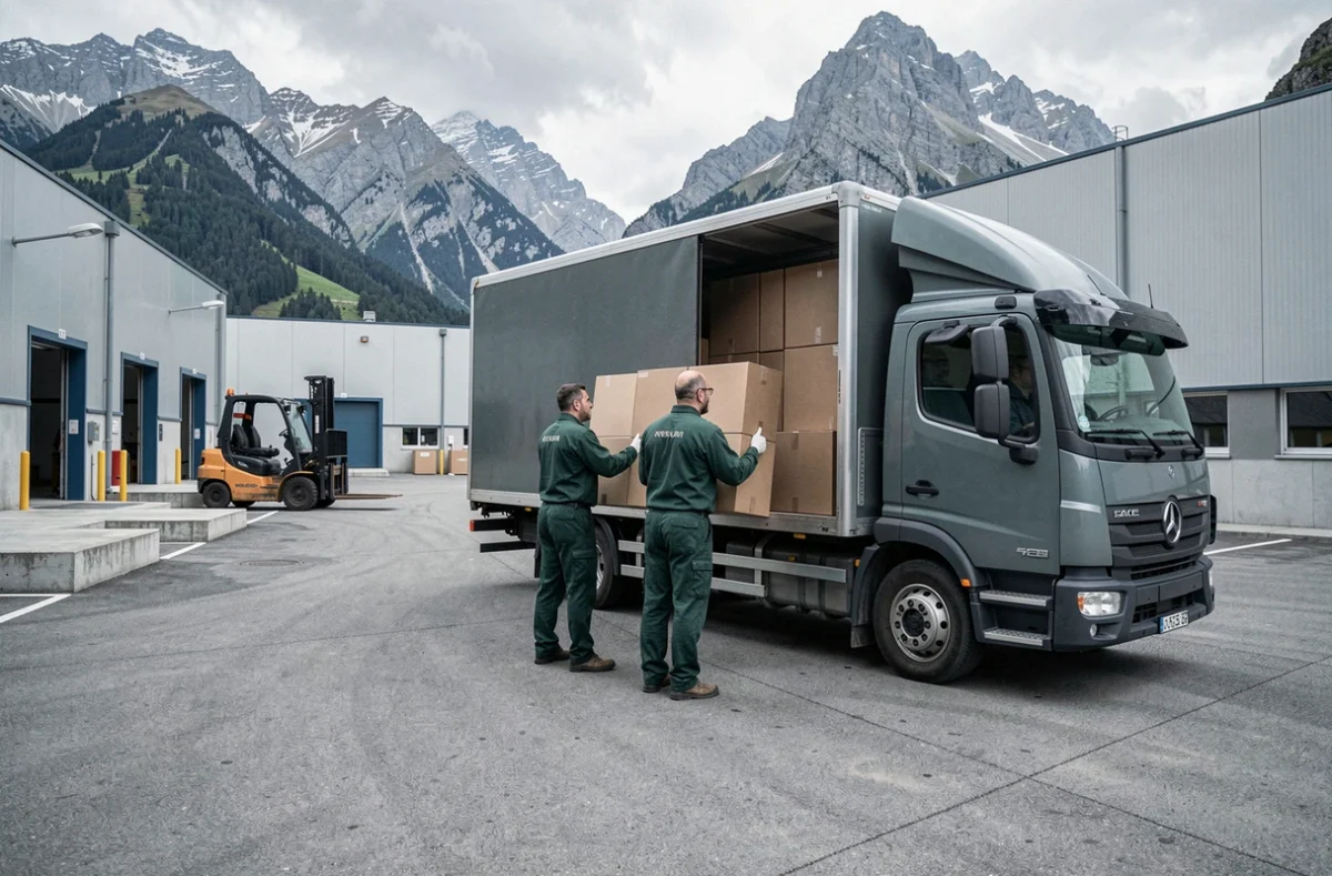 Deux agents de Transdem 05 chargeant des colis dans un camion dans une zone industrielle des Hautes-Alpes