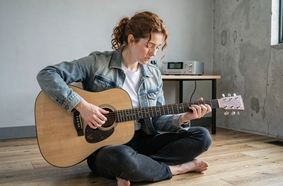 Jeune femme guitariste en studio qui travaille la transition entre accords barrés sur une guitare acoustique à cordes acier