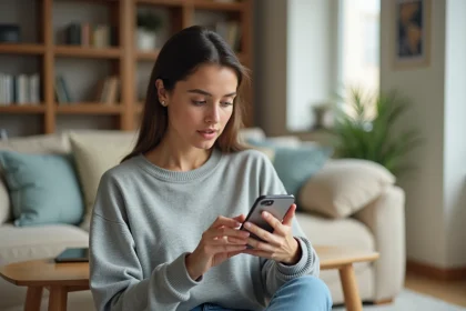 Femme consultant les paramètres de son smartphone pour trouver son numéro Lyca Mobile
