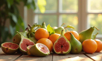 Assortiment de fruits frais comme figues feijoas et physalis sur une table en bois