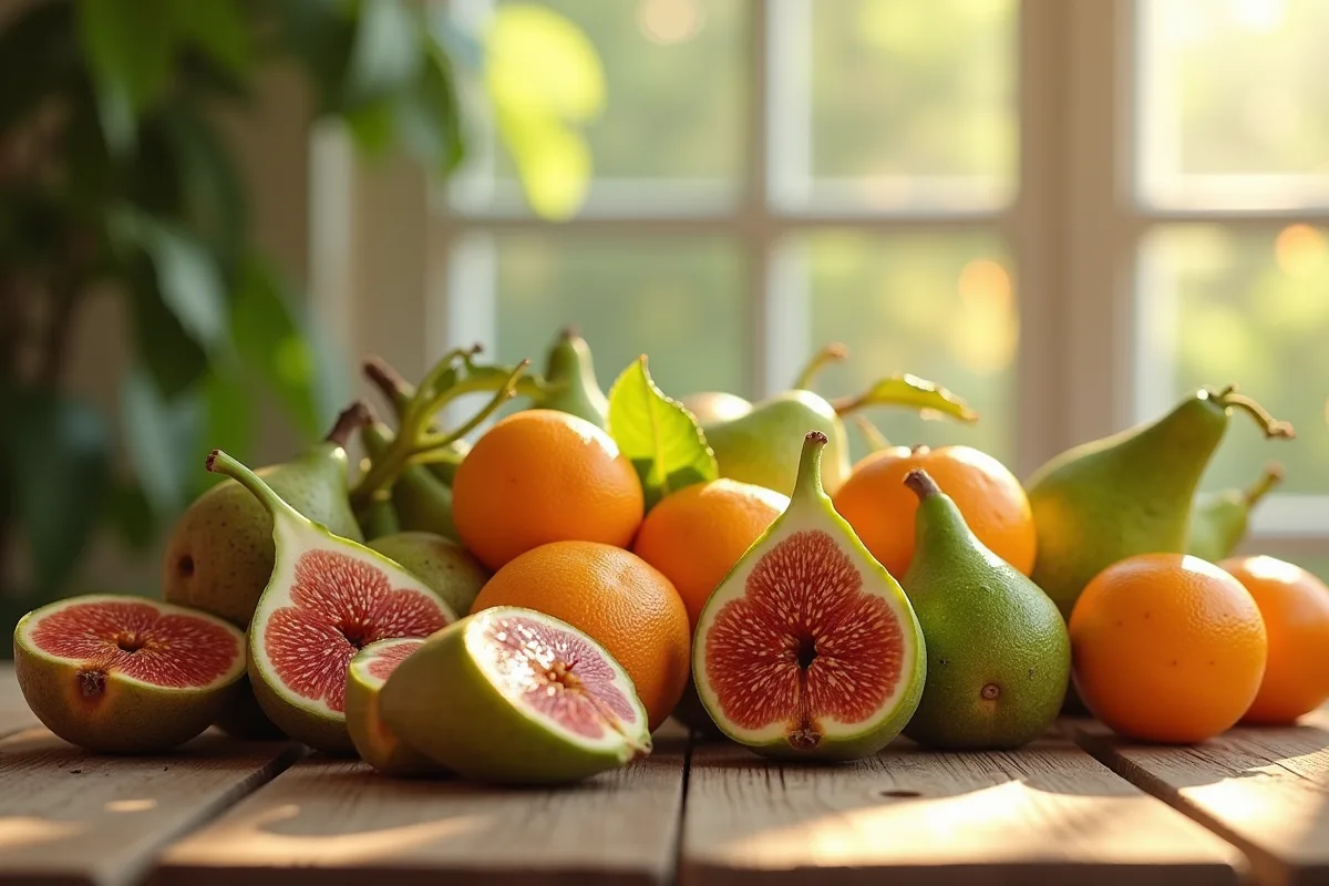 Assortiment de fruits frais comme figues feijoas et physalis sur une table en bois