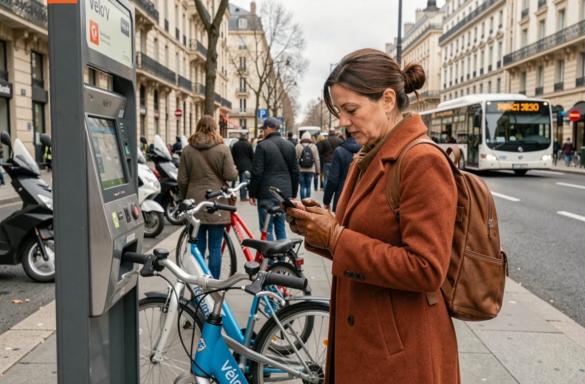 Femme déverrouillant un vélo Vélo'V à une station Lyon pendant la grève TCL du 5 décembre