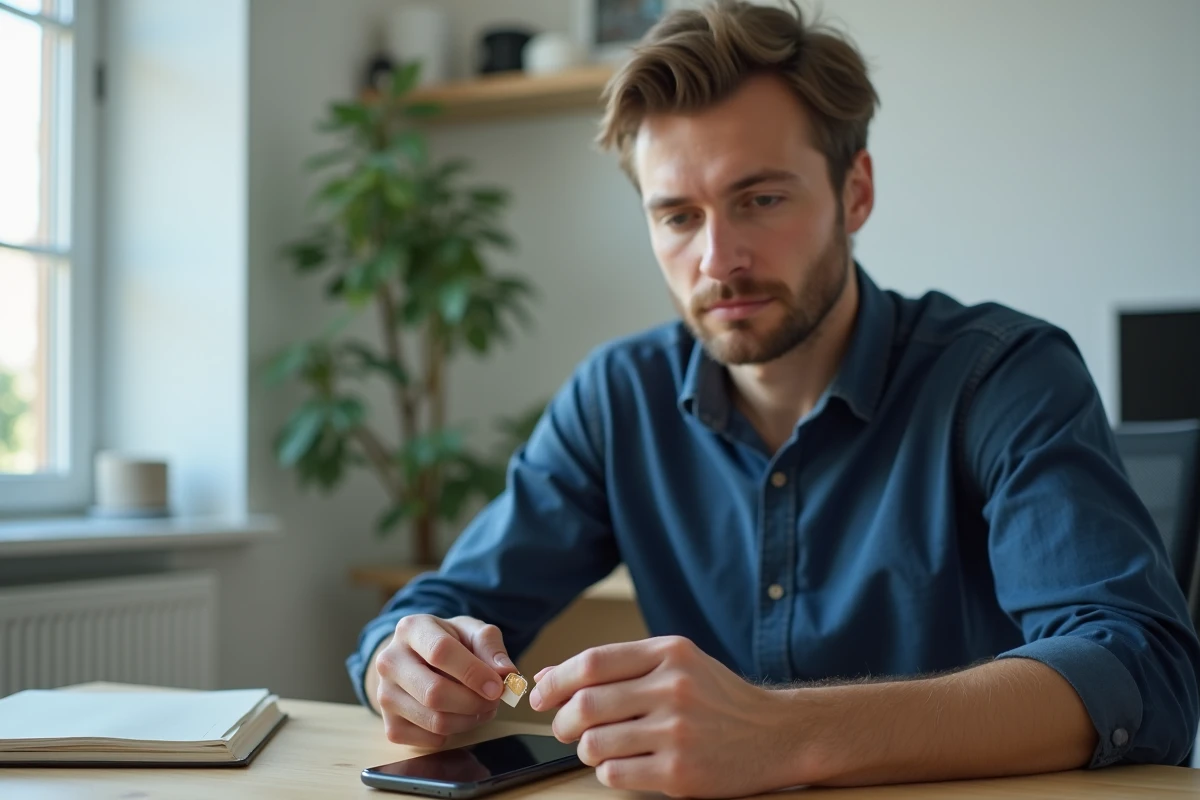 Homme vérifiant sa carte SIM Lyca Mobile pour retrouver son numéro de téléphone
