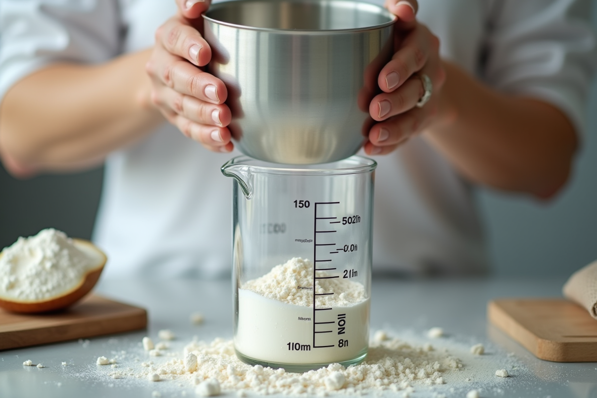 Mains versant 150g de farine dans un verre doseur en hauteur