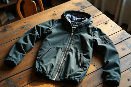 Veste unisexe écologique posée sur une table en bois avec tissus naturels