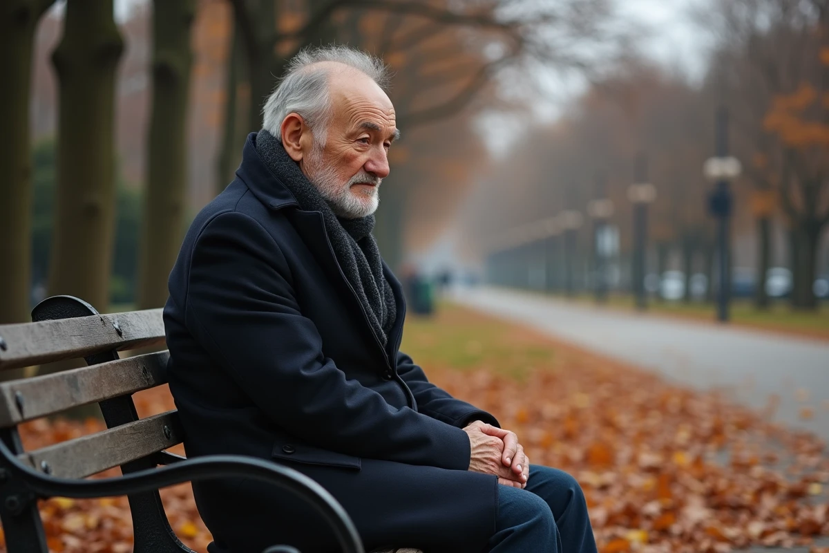 Vieil homme seul assis sur un banc de parc en automne, entouré de feuilles mortes, regard baissé dans une atmosphère de mélancolie et solitude