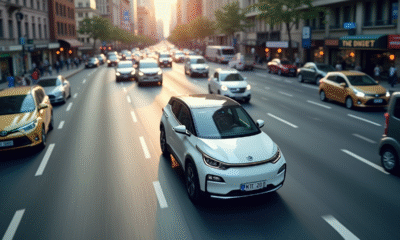 Voiture électrique compacte blanche en ville vue d'en haut
