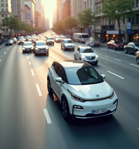 Voiture électrique compacte blanche en ville vue d'en haut