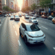 Voiture électrique compacte blanche en ville vue d'en haut