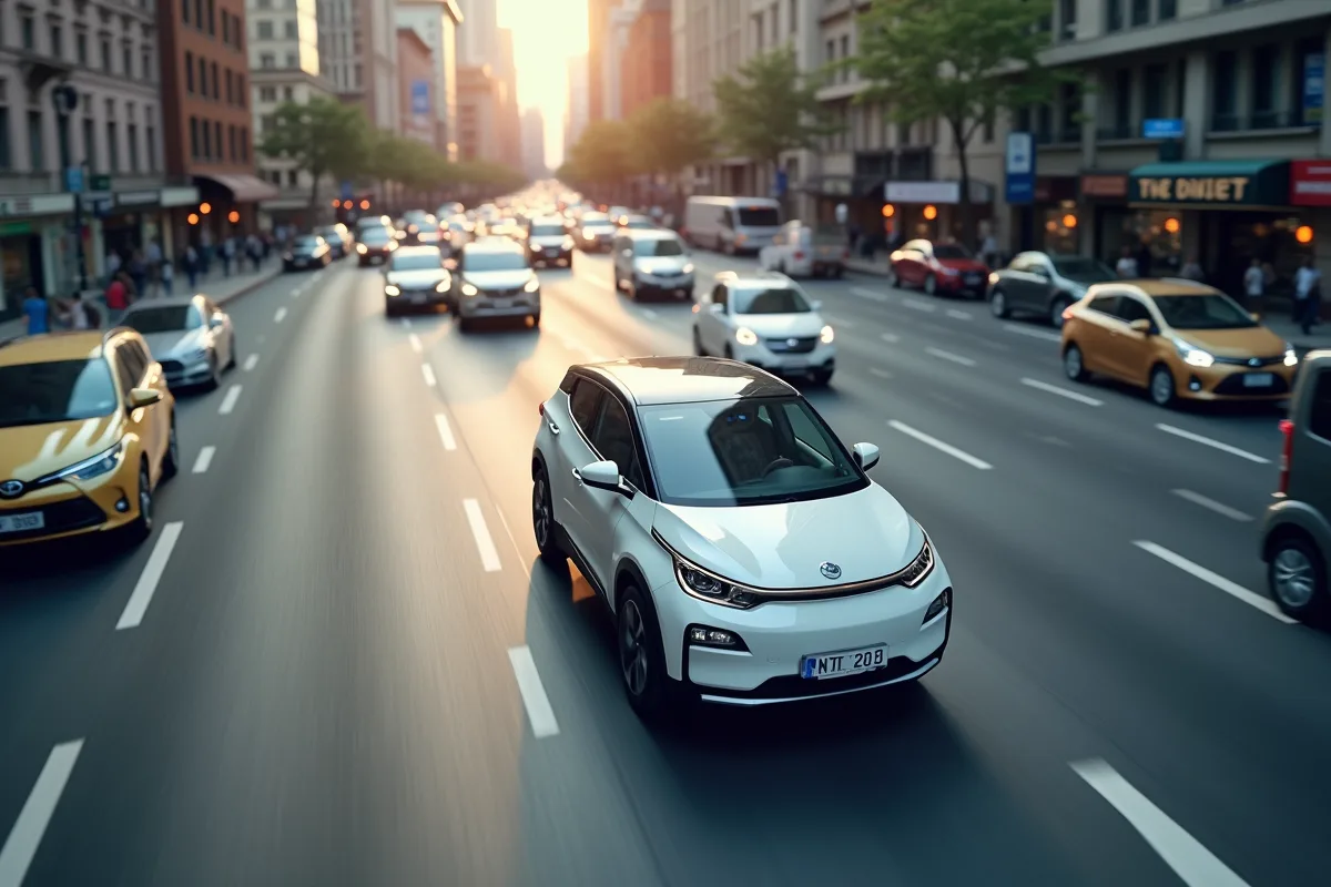 Voiture électrique compacte blanche en ville vue d'en haut