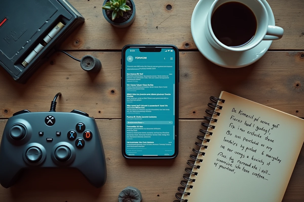 Vue aérienne d'un bureau avec un smartphone affichant une archive de forum Jeuxvideo.com entouré d'objets gaming rétro